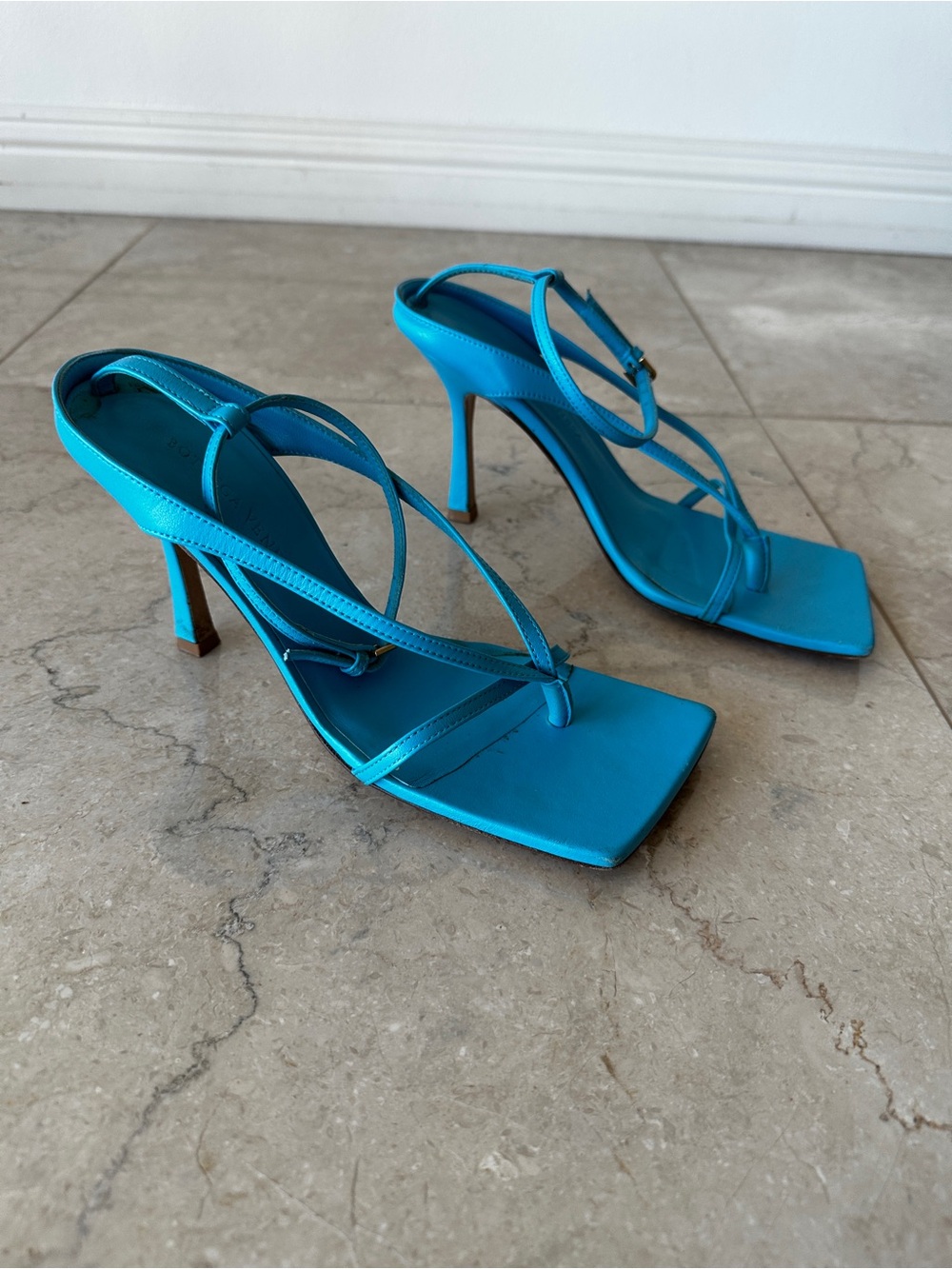 Bottega Veneta Stretch Square-Toe Strappy Sandals in Swimming Pool in Size 36.5